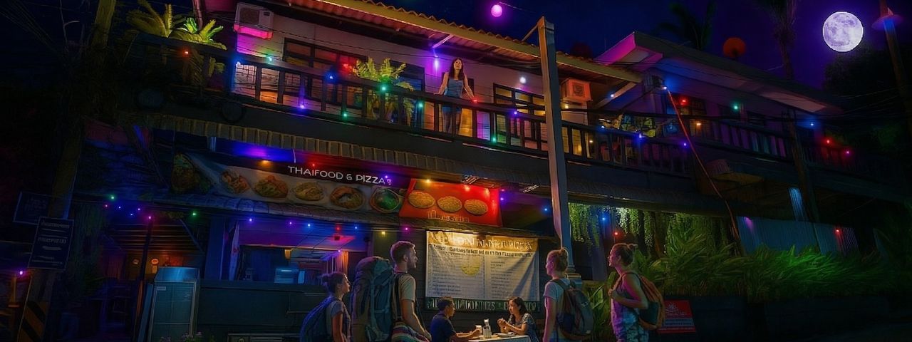 Travelers arriving at Eclipse Hostel at night with colorful string lights